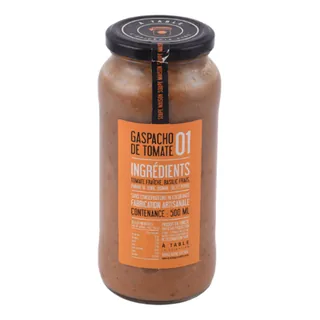 Gaspacho de tomate basilic (Tomate fraîche, basilic frais, pomme de terre, oignon, sel et poivre) A