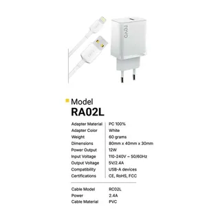Revo Chargeur secteur RA02L – 2,4 A + câble Lightning