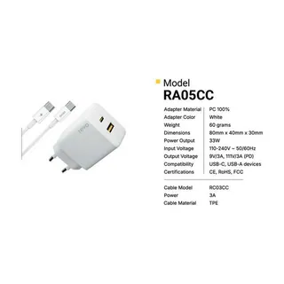 Revo Chargeur secteur RA05CC – PD 33 W + câble USB-C vers USB-C