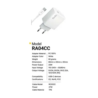 Revo Chargeur secteur RA04CC – PD 20 W + câble USB-C vers USB-C
