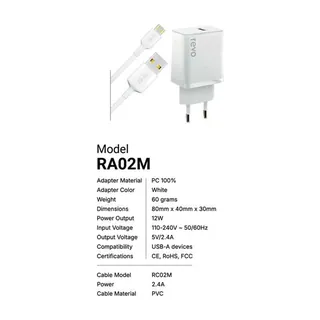 Revo Chargeur secteur RA02M – 2,4 A + câble Micro-USB