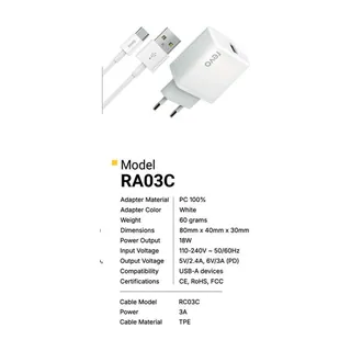 Revo Chargeur secteur RA03C – 18 W + câble USB-C