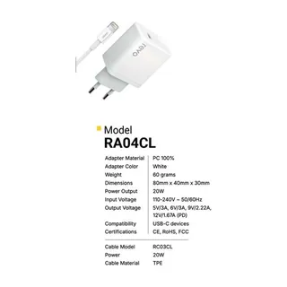 Revo Chargeur secteur RA04CL – PD 20 W + câble USB-C vers Lightning