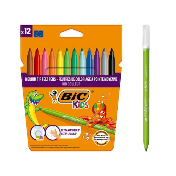 Feutres BIC Kids 12 Couleurs Pointe Moyenne Ultra Lavables
