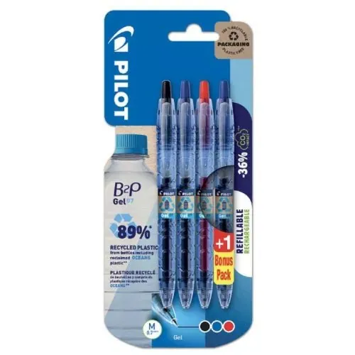 Stylo gel Pilot B2P, lot de plusieurs stylos gel noirs, bleus, rouges et bleus.