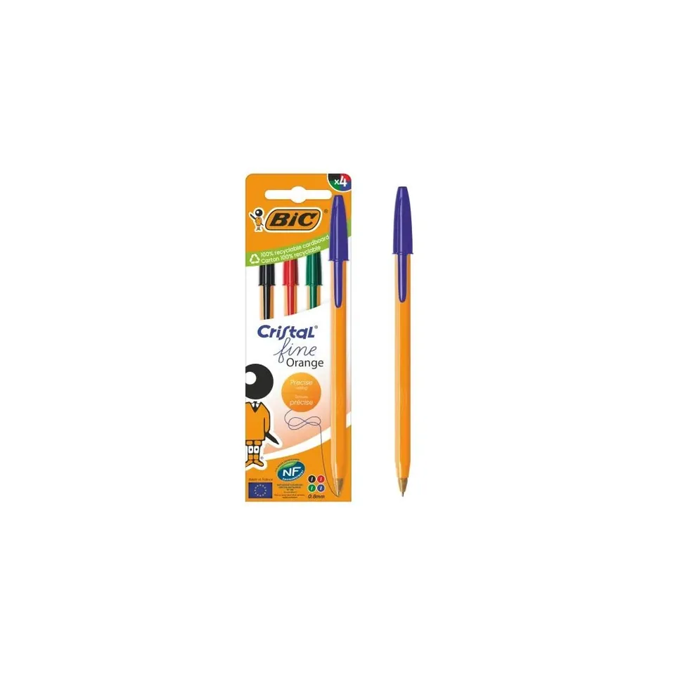 Stylos BIC Cristal Original Fine – Pointe fine, encres assorties (bleu, noir, rouge, vert), lot de 4