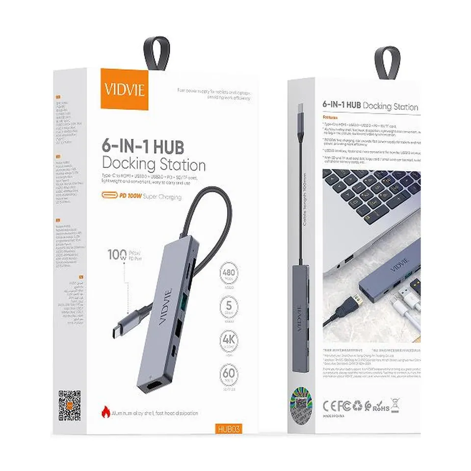 VIDVIE Hub USB-C 6-en-1 HUB03 – HDMI 4K / USB 3.0 / SD / TF / PD