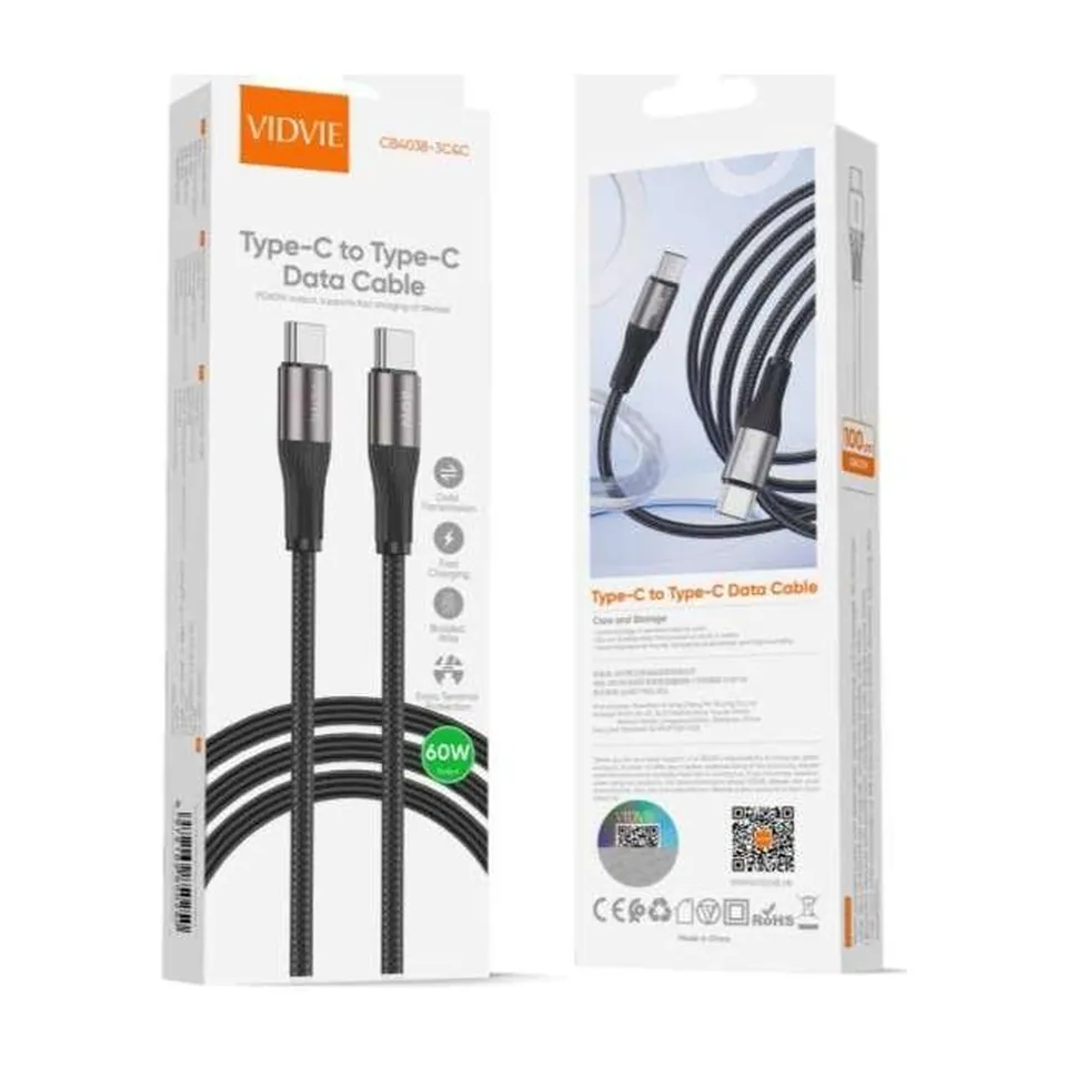VIDVIE Câble USB-C vers USB-C CB4038 – PD 60 W – tressé