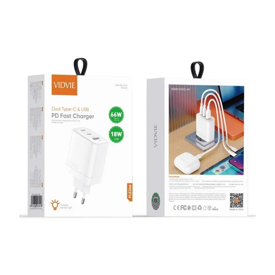 VIDVIE Chargeur secteur 2 × USB-C + USB-A PLE266 – 66 W