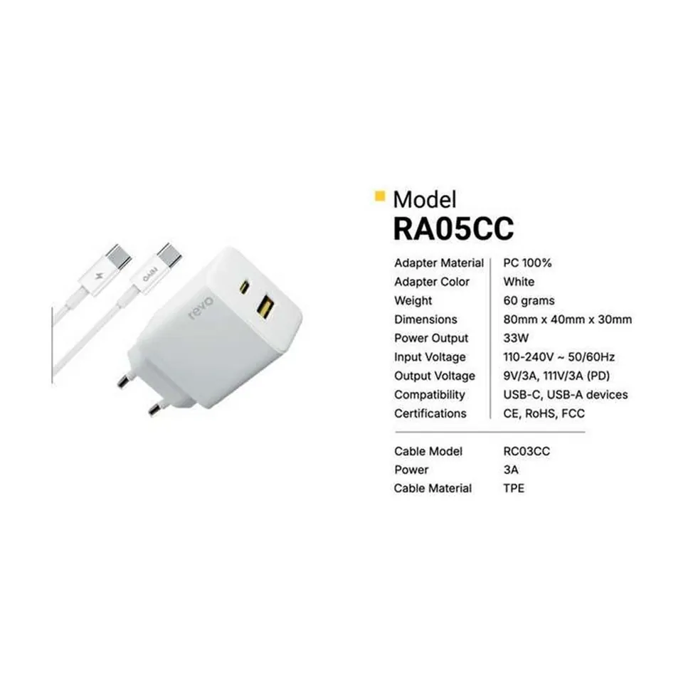 Revo Chargeur secteur RA05CC – PD 33 W + câble USB-C vers USB-C