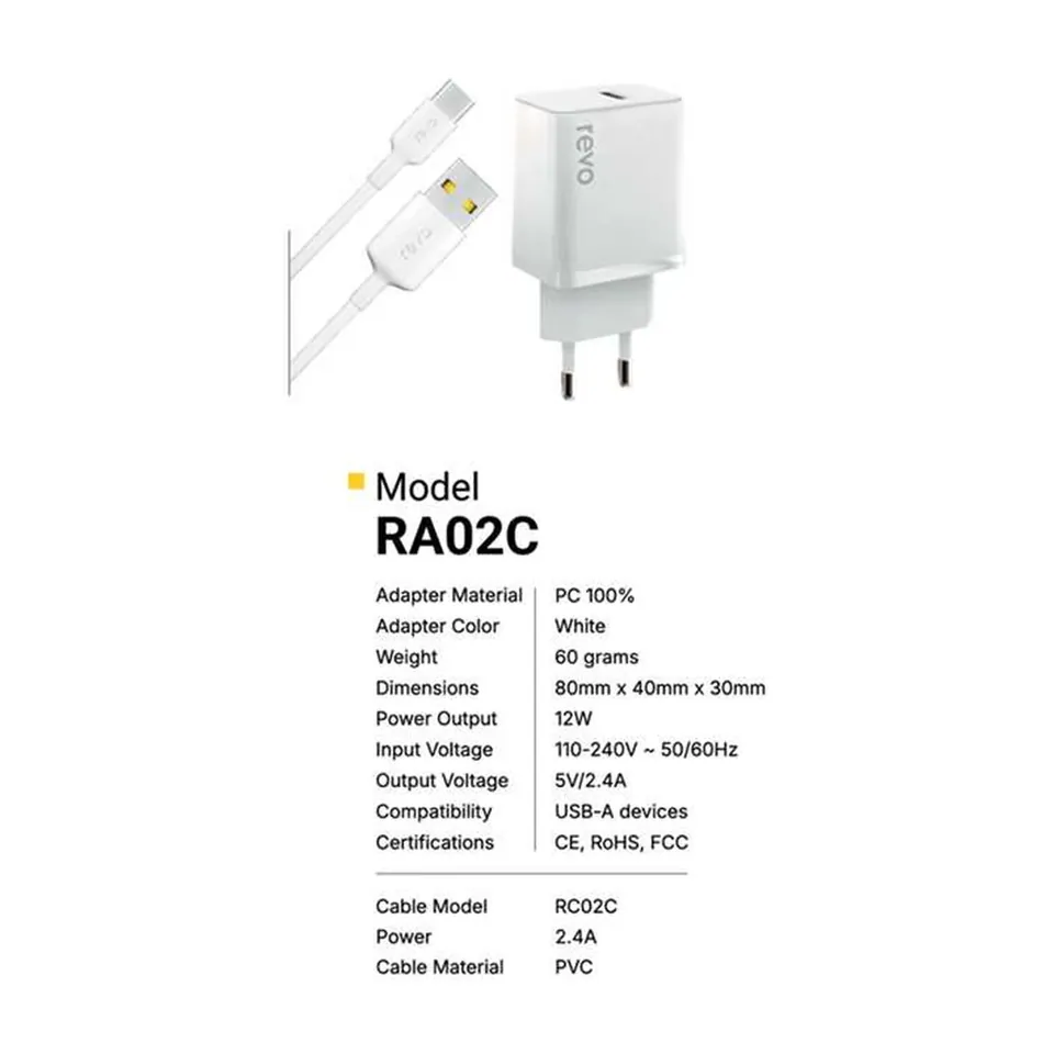 Revo Chargeur secteur RA02C – 2,4 A + câble USB-C
