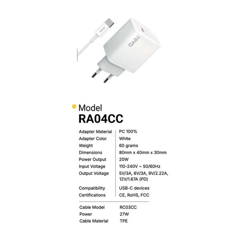 Revo Chargeur secteur RA04CC – PD 20 W + câble USB-C vers USB-C