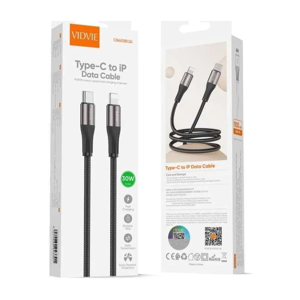 VIDVIE Câble USB-C vers Lightning CB4038 – PD 30 W – tressé