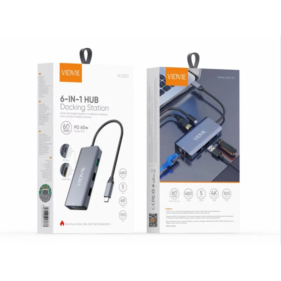 VIDVIE Hub USB-C 6-en-1 HUB01 – HDMI / RJ45 / USB 3.0 / PD 60 W
