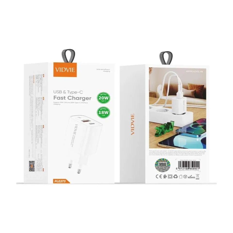 VIDVIE Chargeur secteur USB-C + USB-A PLE273 – 20 W