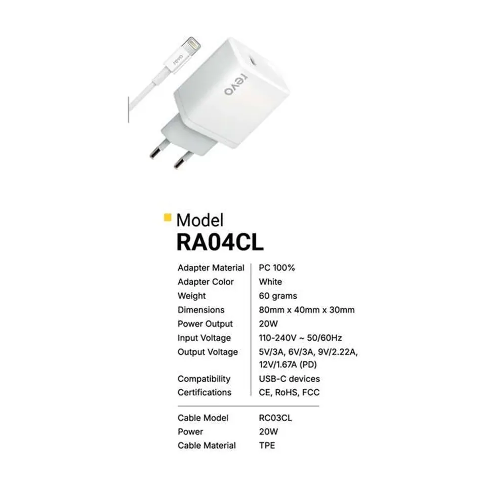 Revo Chargeur secteur RA04CL – PD 20 W + câble USB-C vers Lightning